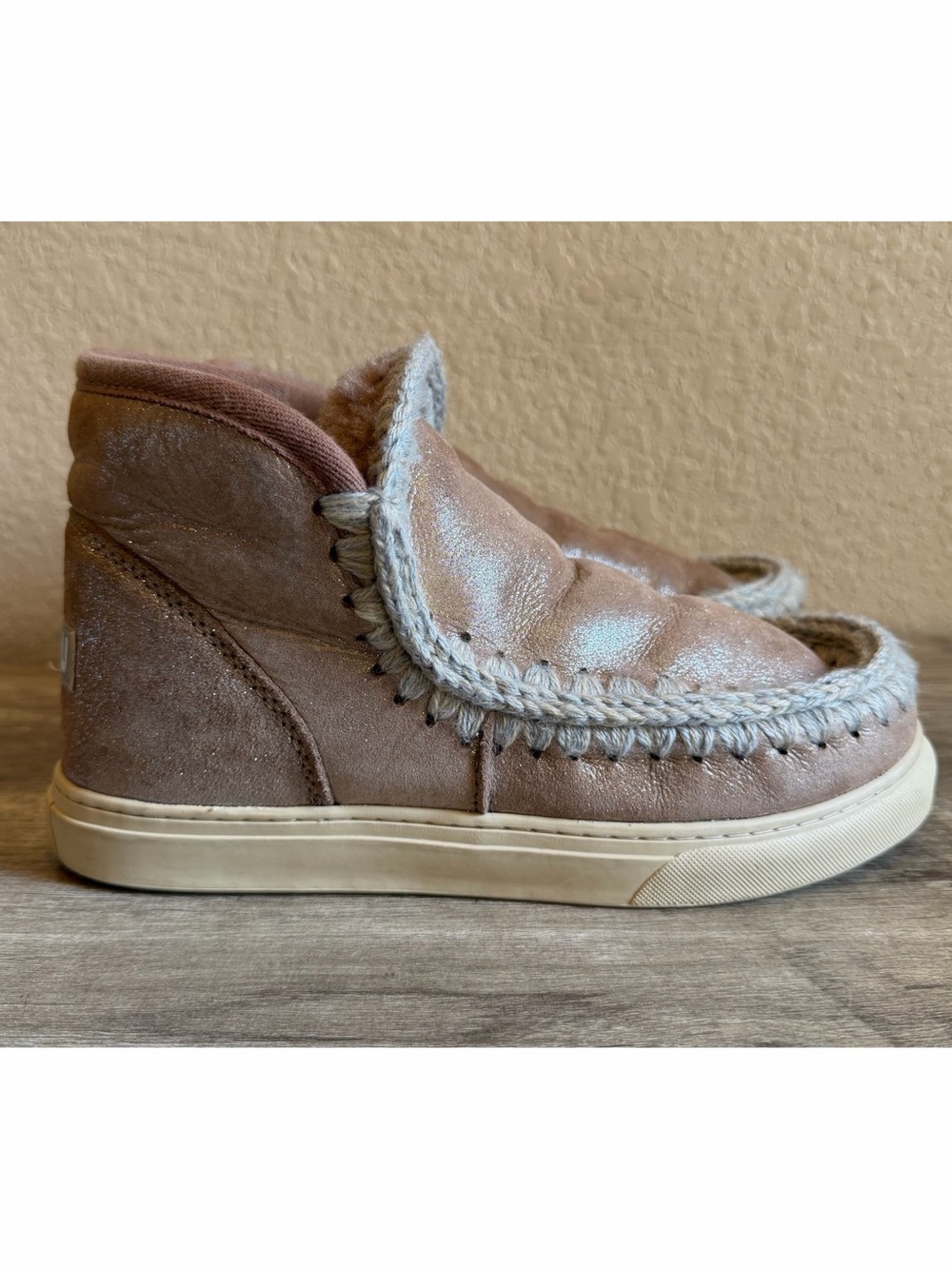 Mou Eskimo Short Boots Metallic Rose Beige Plush Shearling Lining